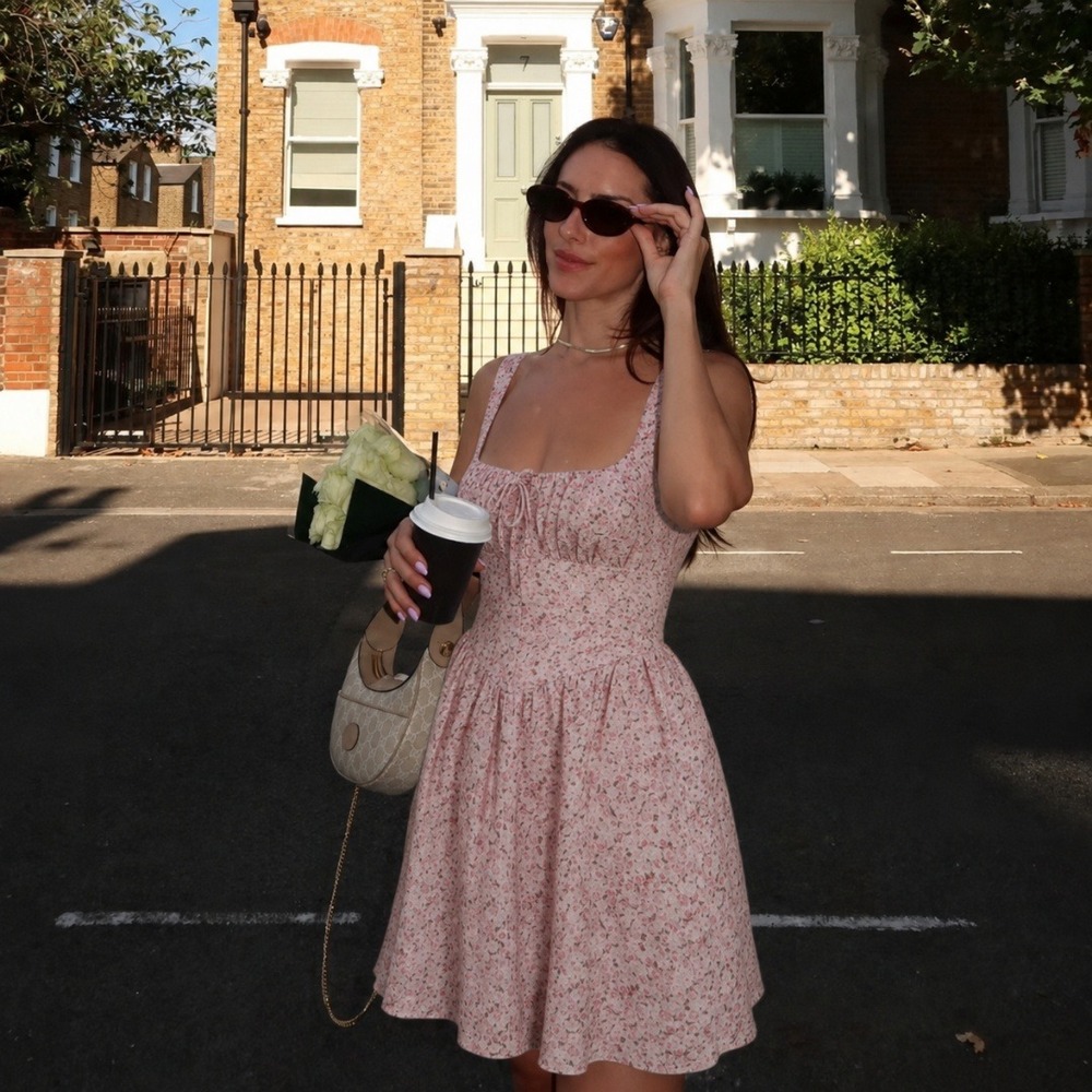 Reformation | Daria 100% Linen Basque Waist Floral Mini Dress in Rosin Pink